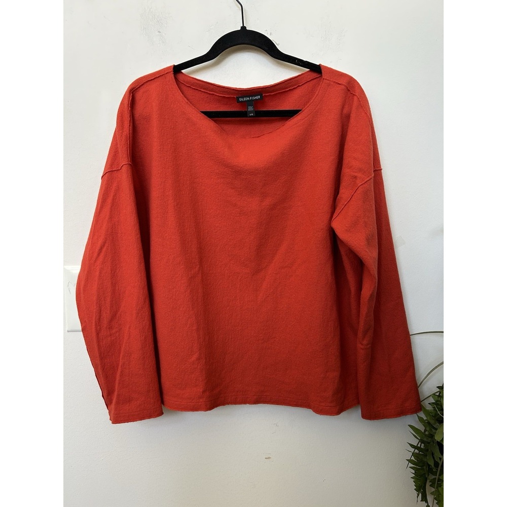EILEEN FISHER Orange Wool Boat Neck Boxy Sweater Top L Quiet Luxury Minimalist